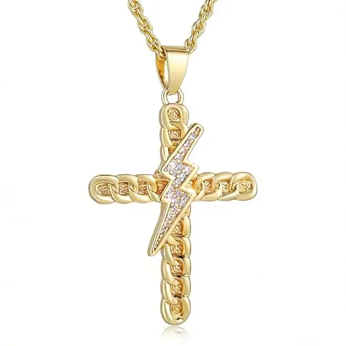 Lightning Bolt Cross Pendant, gold-plated steel, Cuban chain, 23 in, gold