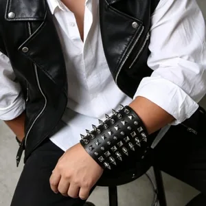 Metal Spike Studded Bracelet, leather, black, another view