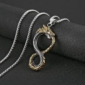Dragon Pendant, stainless steel, box chain, two-tone, another view