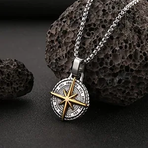 Viking Nautical Compass Pendant, stainless steel, 24 in, silver, another view
