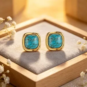 Cushion Square Natural Stud Earrings, gold-plated steel, gold, another view