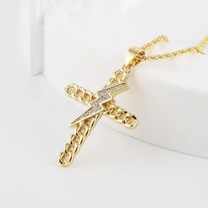 Lightning Bolt Cross Pendant, gold-plated steel, Cuban chain, 23 in, gold, another view