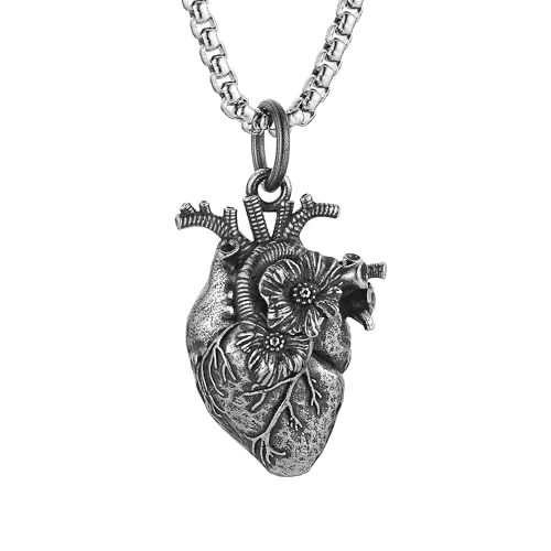 Anatomical Heart Pendant, stainless steel, box chain