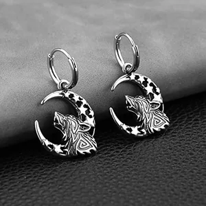 Viking Wolf Dangle Earrings, stainless steel, another view