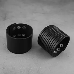 Punk Cuff Bracelet, leather, pack of 2, black, another view