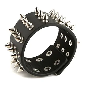 Metal Spike Studded Bracelet, leather, black, another view