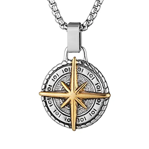 Viking Nautical Compass Pendant, stainless steel, 24 in, silver