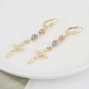 Tri-Tone Cross Dangle Earrings, gold-plated steel, gold, another view