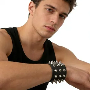 Metal Spike Studded Bracelet, leather, black, another view