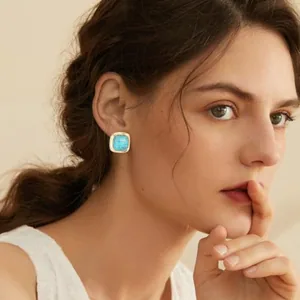 Cushion Square Natural Stud Earrings, gold-plated steel, gold, another view