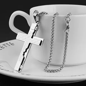 Lord's Prayer Pendant, stainless steel, wheat chain, silver, another view