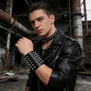 Metal Spike Studded Bracelet, leather, black, another view