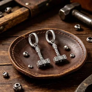 Thor's Hammer Huggie Earrings, stainless steel, another view