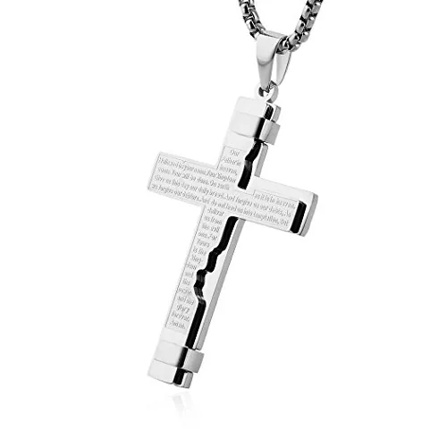 Lord's Prayer Pendant, stainless steel, wheat chain, silver